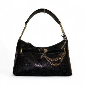 New Juicy Couture Open Heart Shoulder Handbag Shiny Black Gold Chain Logo